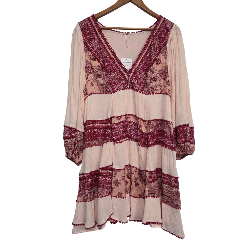 Free People NWT Tea Combo My Love Mini Dress L Burgundy Peach Floral Boho